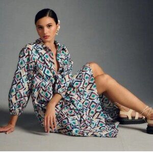 Anthropologie Maeve The Bettina Cotton Tiered Midi Shirt Dress Size Small